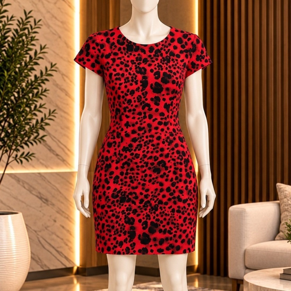 Betsey Johnson Womens Mini Dress Red Black Leopard Print Cap Sleeve Size 14